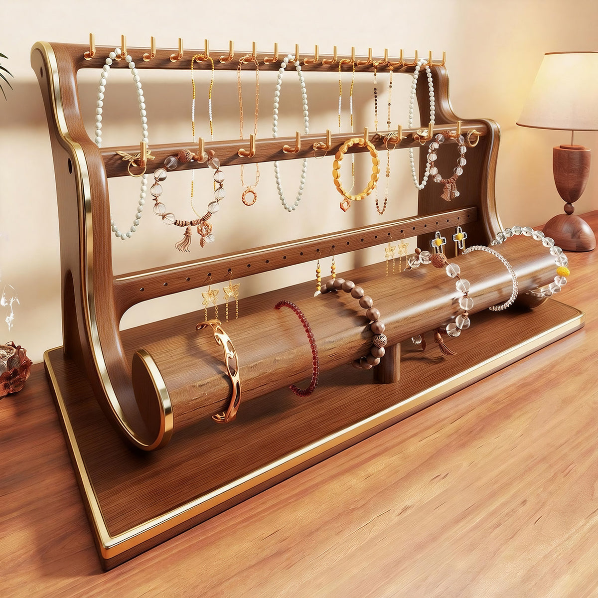Solid Wood Multi-Layer Jewelry Display Stand for Bracelets Necklaces and Accessories