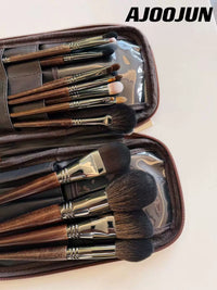 15-Piece Professional Animal Hair Makeup Brush Set with Wooden Handles and PU Zipper Bag