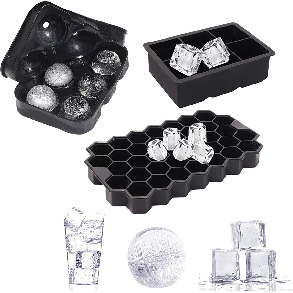 Food-Grade Silicone Ice Cube Tray Set - Honeycomb, Square, and Round Molds