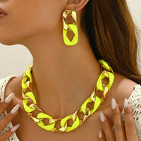 Matte Frosted Hollow Square Acrylic Cuban Chain Necklace and Earrings Set Hip Hop Bright Color Patchwork Jewelry