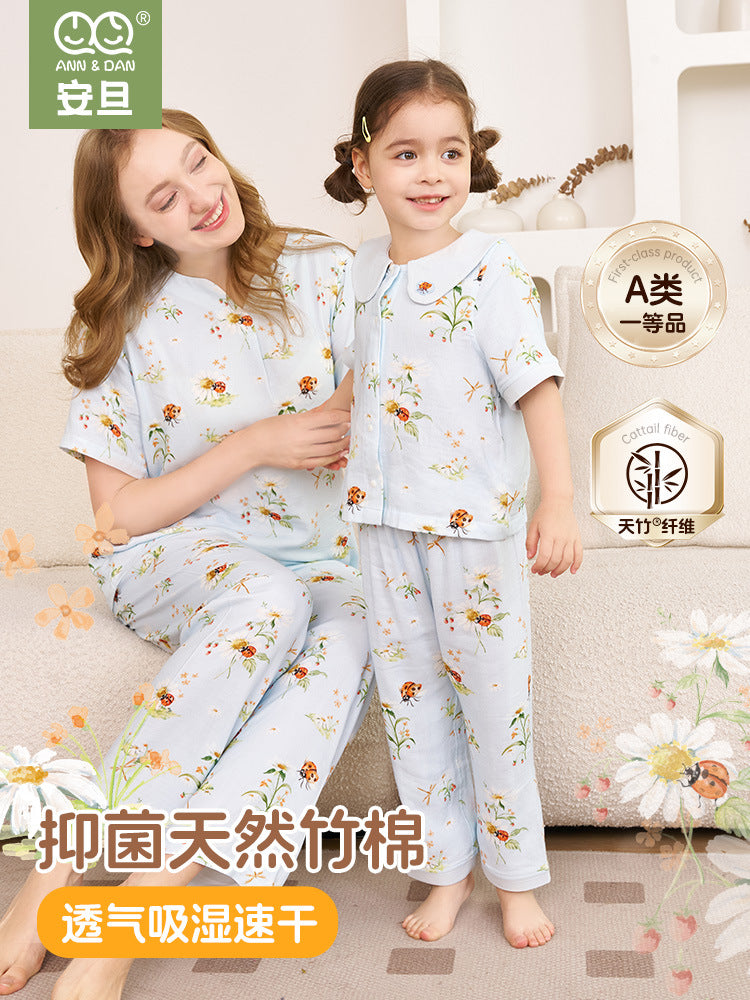Bamboo Cotton Gauze Parent-Child Pajama Set Short Sleeve Top Long Pants