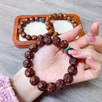 Bodhi Seed Prayer Beads Bracelet with Carved Rat Design, Single Strand for Men and Women