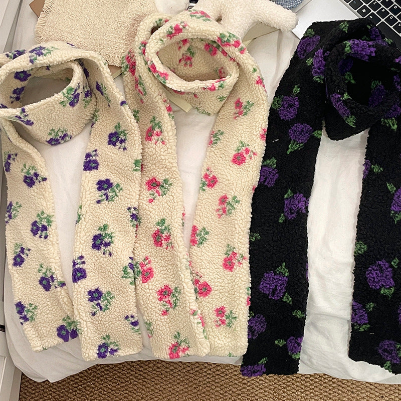 Korean Style Floral Jacquard Lambswool Scarf for Winter Warmth and Neck Protection