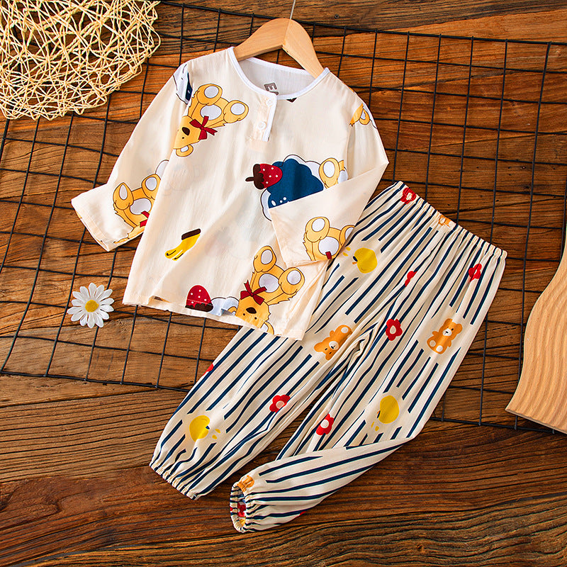 Kids' Cotton Rayon Long Sleeve Pajama Set for Summer - Thin Homewear for Boys, Girls, and Parents