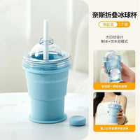 Portable Collapsible Ice Ball Maker Water Bottle with Straw, Food-Grade Silicone