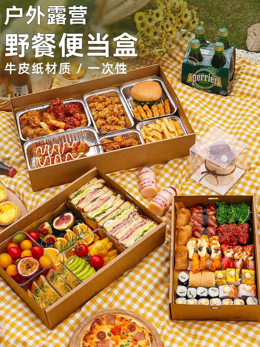 Disposable Kraft Paper Lunch Box Set with Lids for Picnics, Camping, and Outdoor Events