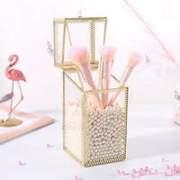 Vintage Glass Makeup Brush Holder with Lid - Dustproof Metal Organizer for Eyebrow Pencils and Brushes