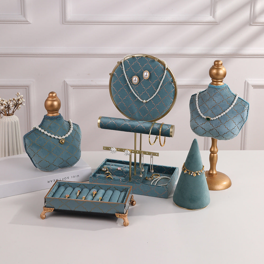 Peacock Blue Velvet Jewelry Display Stand for Necklaces, Earrings, and Rings