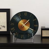 Retro Vinyl Record Desktop Clock with Stand, Italian Minimalist Tempered Glass Table Clock for Living Room Decor