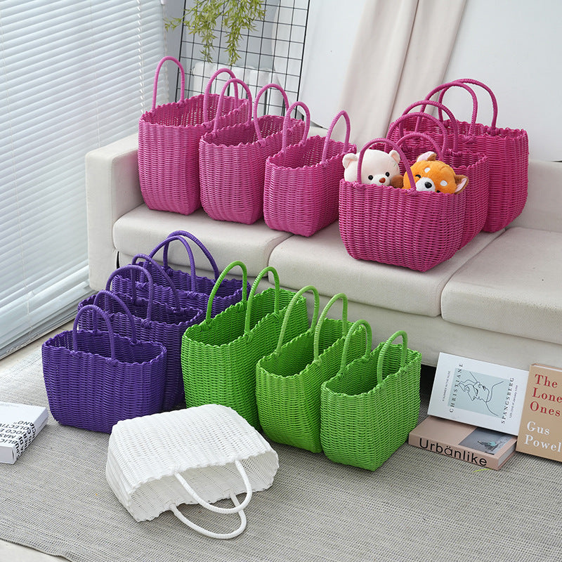 Hand-Woven Plastic Storage Basket with Handle for Shopping, Bath, or Pet Use