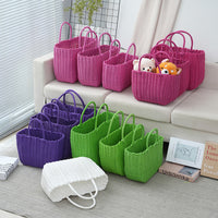 Hand-Woven Plastic Storage Basket with Handle for Shopping, Bath, or Pet Use