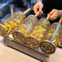 Stainless Steel Rolling BBQ Grill Basket Cylinder for Roasting and Smoking