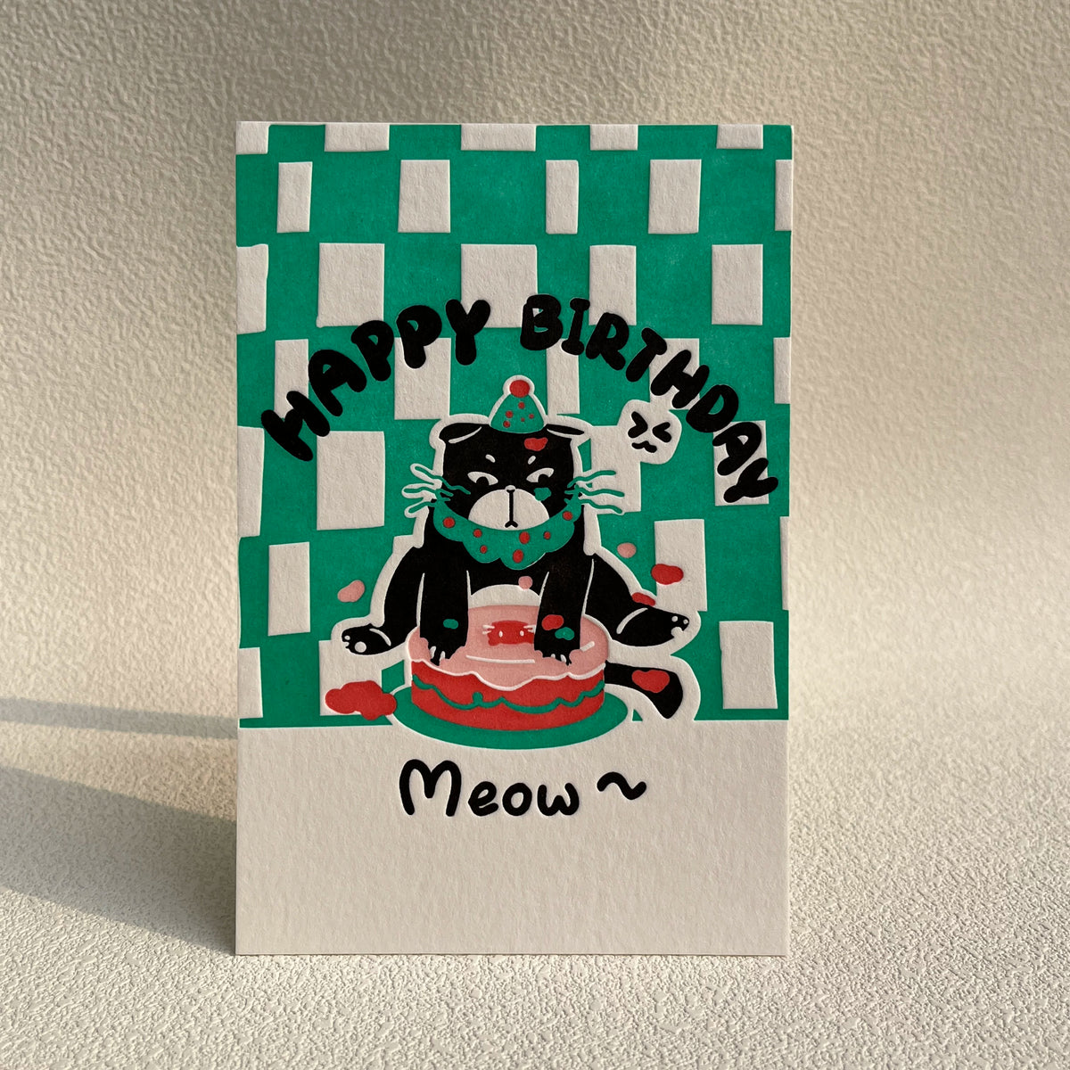 Green Cute Cat Birthday Card, Simple Elegant Romantic Blessing Card for Friends