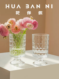 European Style Vintage Embossed Glass Tall Vase for Hydroponic Flowers and Table Decor