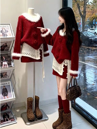Women's Red Knit Sweater Three-Piece Set with Skirt for New Year Celebrations