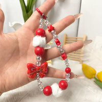 Christmas Red and White Phone Chain with Plush Ball and Beaded Keychain for Bags and Earphone Cases
