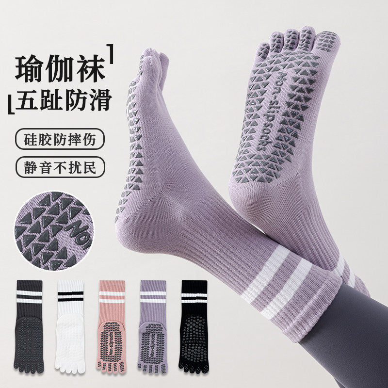 Women's Non-Slip Yoga Pilates Socks with Silicone Grips - Mid-Calf Striped Five-Toe Athletic Socks