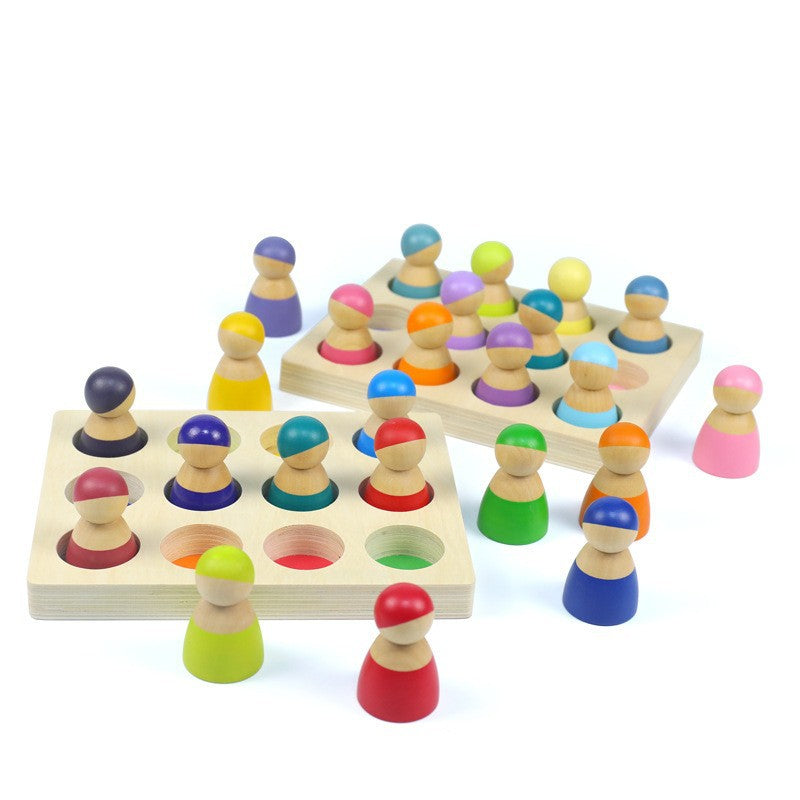 Wooden Rainbow Stacking Blocks Set with Peg Dolls and Sorting Tray for Kids