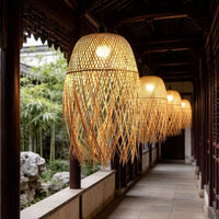 Handwoven Bamboo Pendant Light, Zen-Inspired Teahouse Restaurant Chandelier