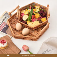 Hand-Woven Rattan Fruit Basket for Living Room, Snack and Bread Serving Tray, Storage Basket