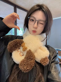 Japanese Style Plush Dog Scarf for Women, Winter Warm Cross Neck Wrap