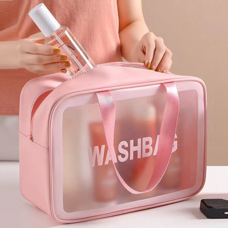 Korean Style Frosted PU Transparent Waterproof Cosmetic Bag with Handle