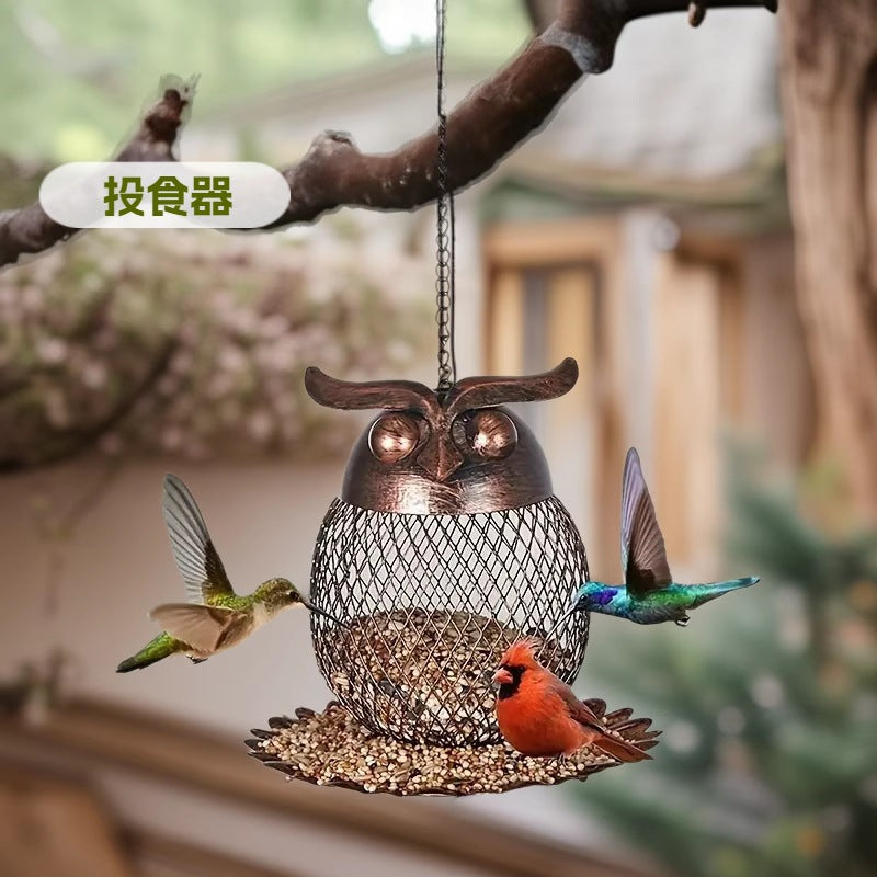 Metal Owl Bird Feeder Cage Hanging for Garden Patio Hummingbird Wild Birds