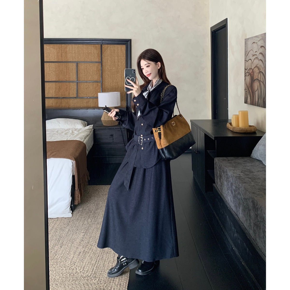 Plus Size Lycra Denim Lapel Long Sleeve Shirt & Tie-Waist Two-Piece Set with Scarf