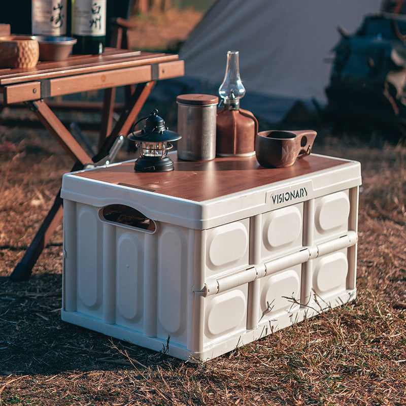 Outdoor Foldable Storage Box, Portable Camping Organizer, Plastic Snack Drink Container, Multi-functional Seat and Table
