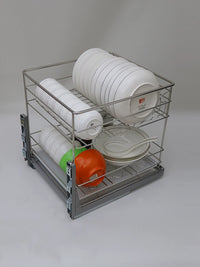 Stainless Steel Double-Layer Kitchen Cabinet Pull-Out Basket for Pots, Pans, Dishes, and Utensils with Damping Slides