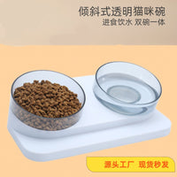 Elevated Double Cat Bowl with Anti-Slip Base for Food and Water, Tilted Design for Neck Protection