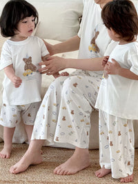 Kids' Modal Short Sleeve Pajama Set with Long Pants for Boys and Girls, Parent-Child Homewear