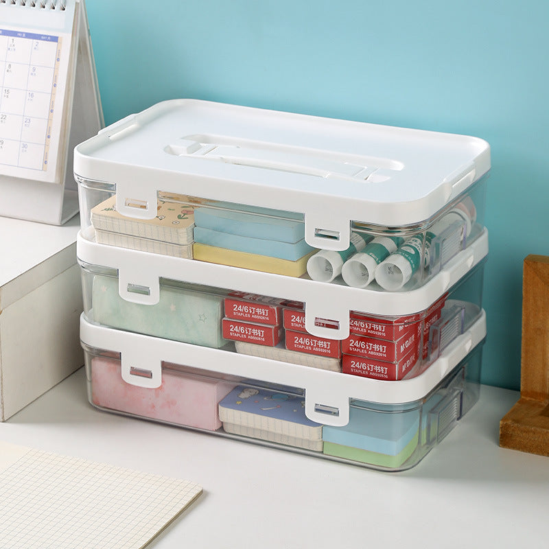 Clear Stackable Desktop Storage Box with Lid and Handle, Large Capacity Organizer for Students