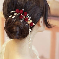 Red Rose Hairpin Tassel Side Clip for Cheongsam Hanfu Daily Wear