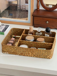 Handwoven Straw Divided Storage Basket for Desk and Tabletop Organization