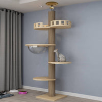 Floor-to-Ceiling Cat Tree with Scratching Post and Play Structures, Solid Wood, Adjustable Height