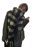 Women's Plaid Imitation Cashmere Scarf Winter Thick Warm Shawl Dual-Use Solid Color Student Neck Warmer
