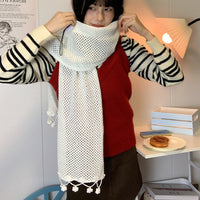 Floral Tassel Hollow Knit Scarf for Women, Thin Korean Style Solid Color Warm Neck Wrap