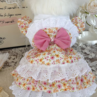 Handmade Floral Pet Dress for Small Dogs, Lightweight Breathable Pink and Yellow Ruffled Skirt