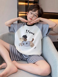 Boys' Summer Cotton Pajama Set Short Sleeve & Shorts Cute Cartoon Print Homewear for Kids