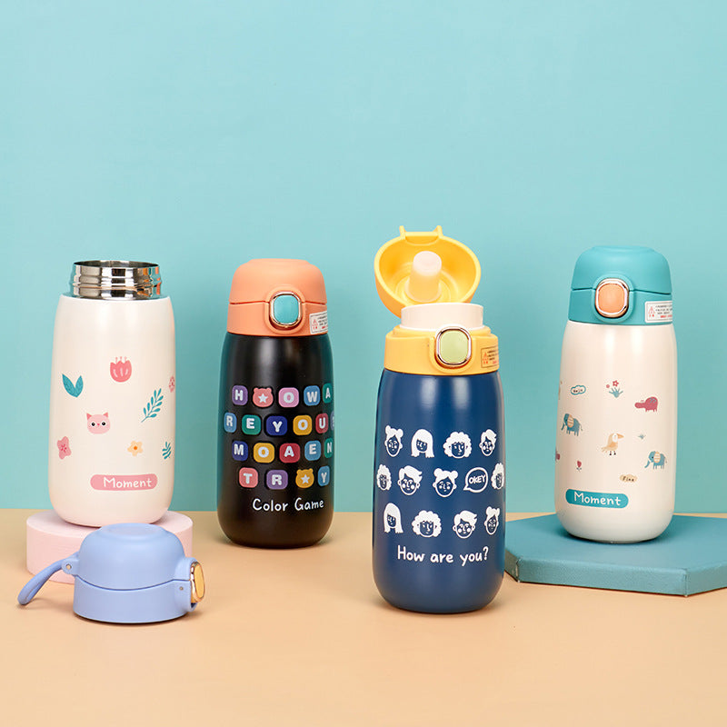 Cartoon 304 Stainless Steel Double-Layer Kids Insulated Water Bottle with Handle