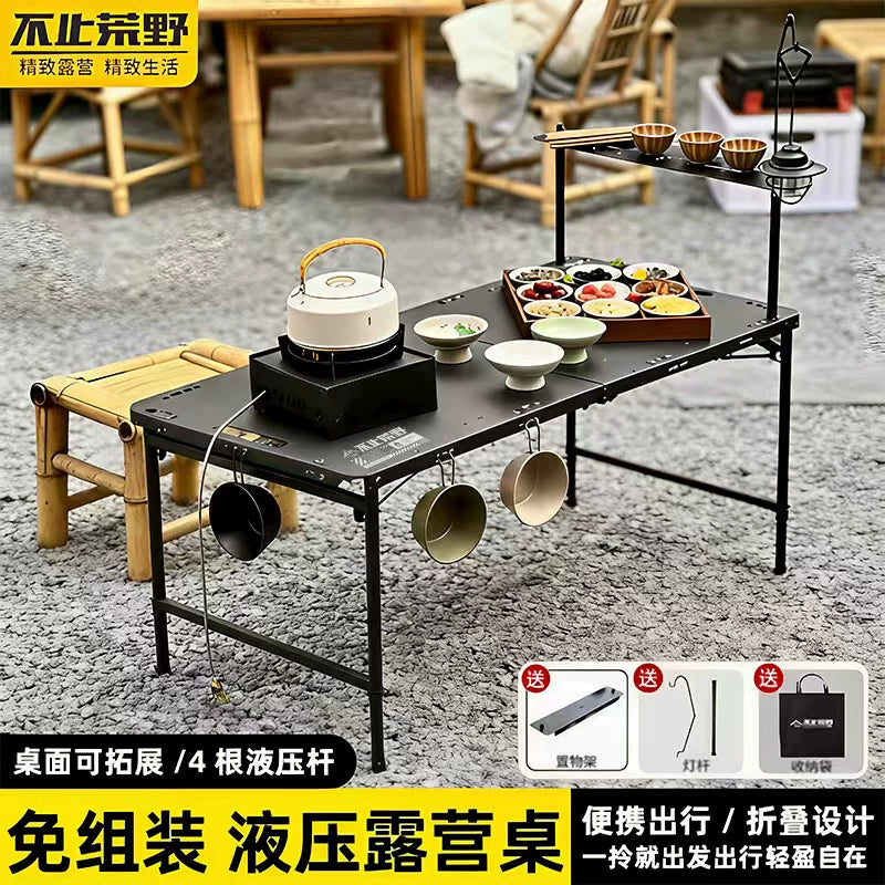 Portable Folding Camping Table with Hydraulic Rods - Multi-functional Liftable Outdoor Tactical Table for Balcony & Stall
