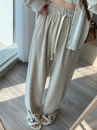 Women's Fleece-Lined Knit Wide-Leg Pants - Casual Straight-Leg Trousers with Drape