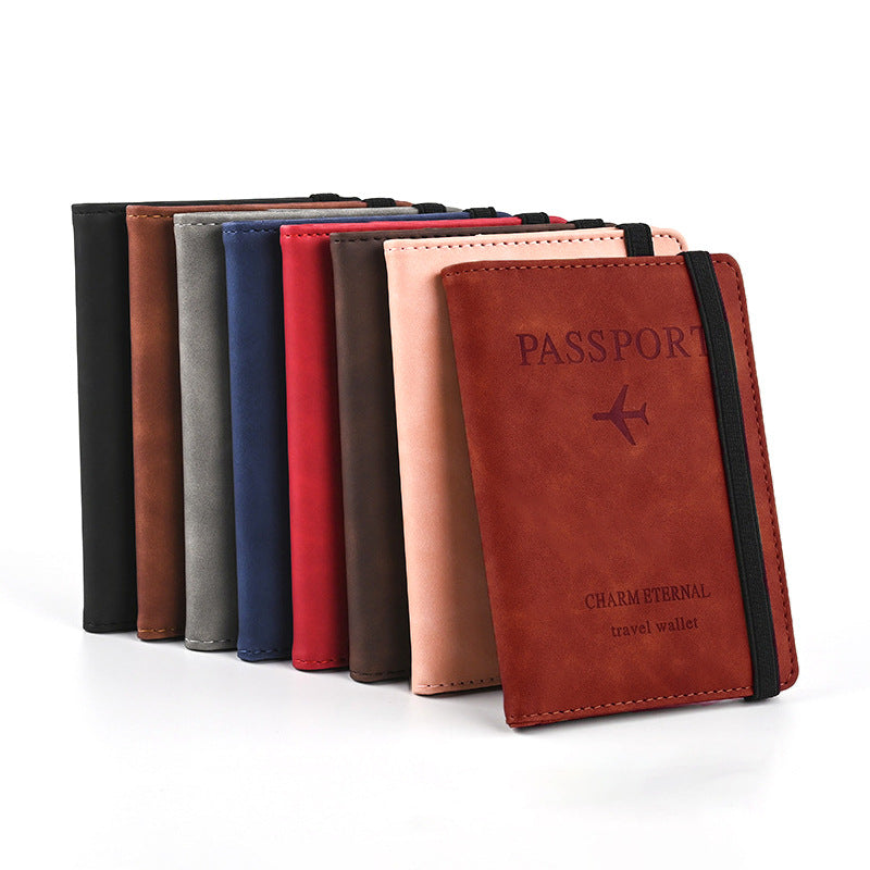 RFID Blocking PU Leather Passport Holder with Strap, Travel Document Organizer and Card Wallet