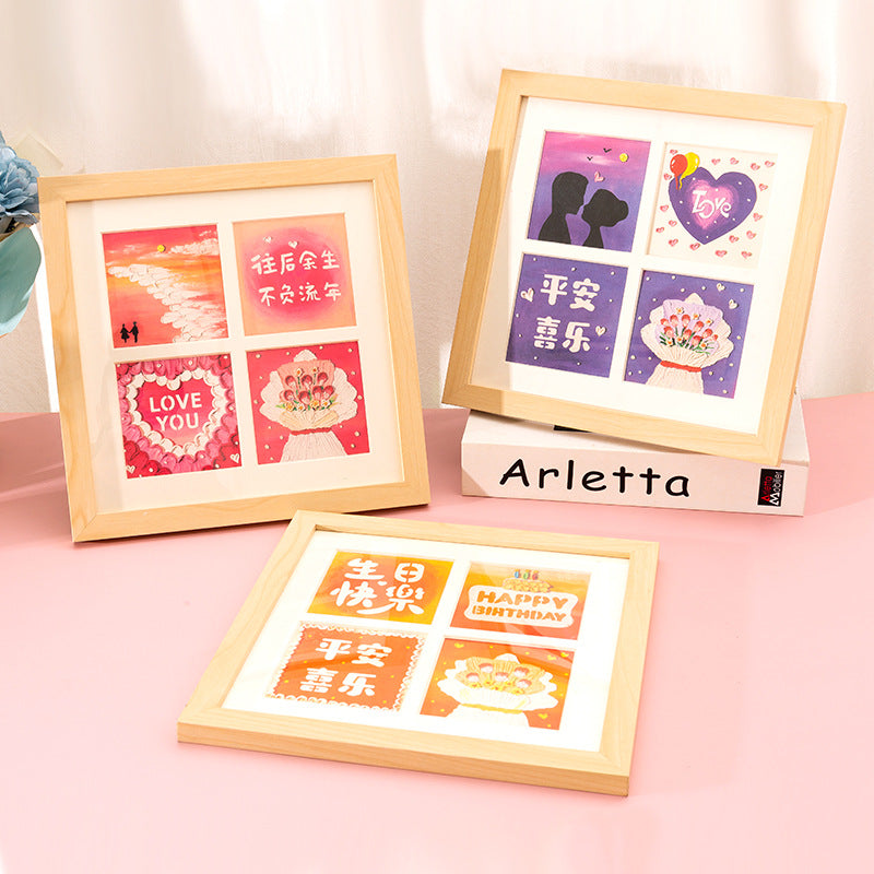 Oil Painting Style Four-Grid DIY Finished Painting, Happy Birthday, Newlywed Warm Gift, Oil Painting Photo Frame, Tabletop Small Greeting Card