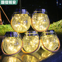 Solar Crackle Glass Jar Hanging Lantern with LED Lights for Outdoor Garden Patio Decor