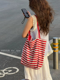 Large Capacity Striped Canvas Tote Bag for Commuting and Shopping