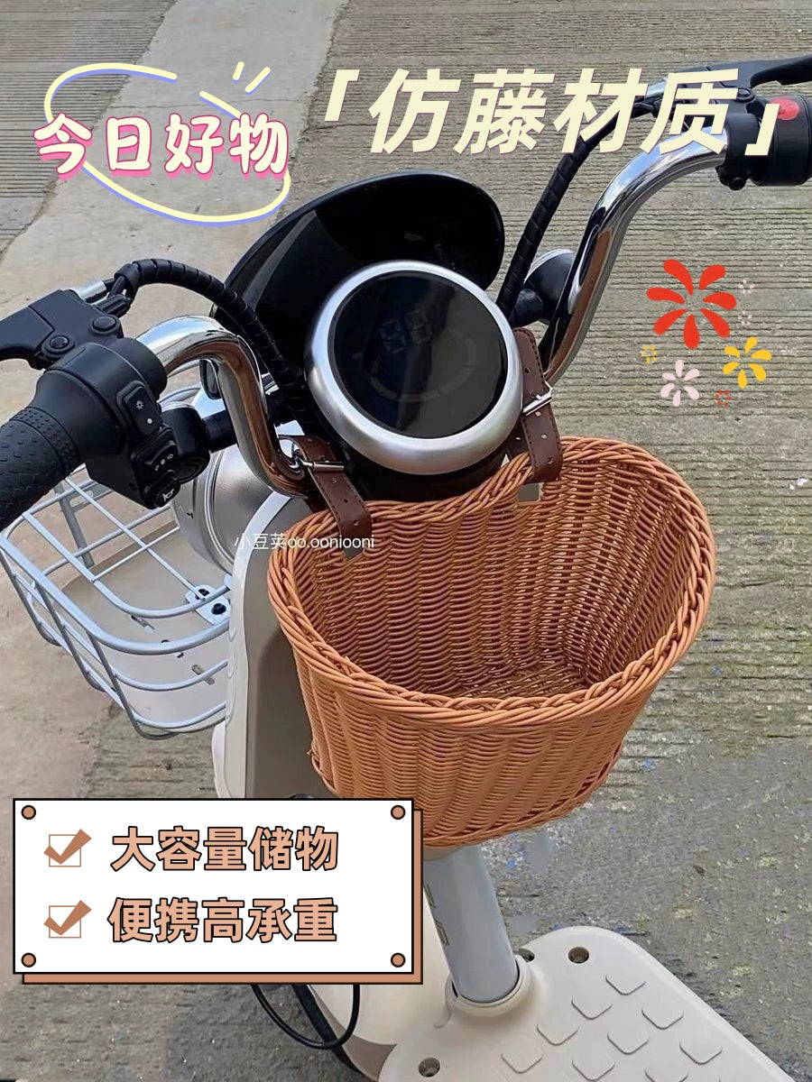 Hand-Woven Detachable Electric Scooter Bicycle Front Basket Large Capacity Storage
