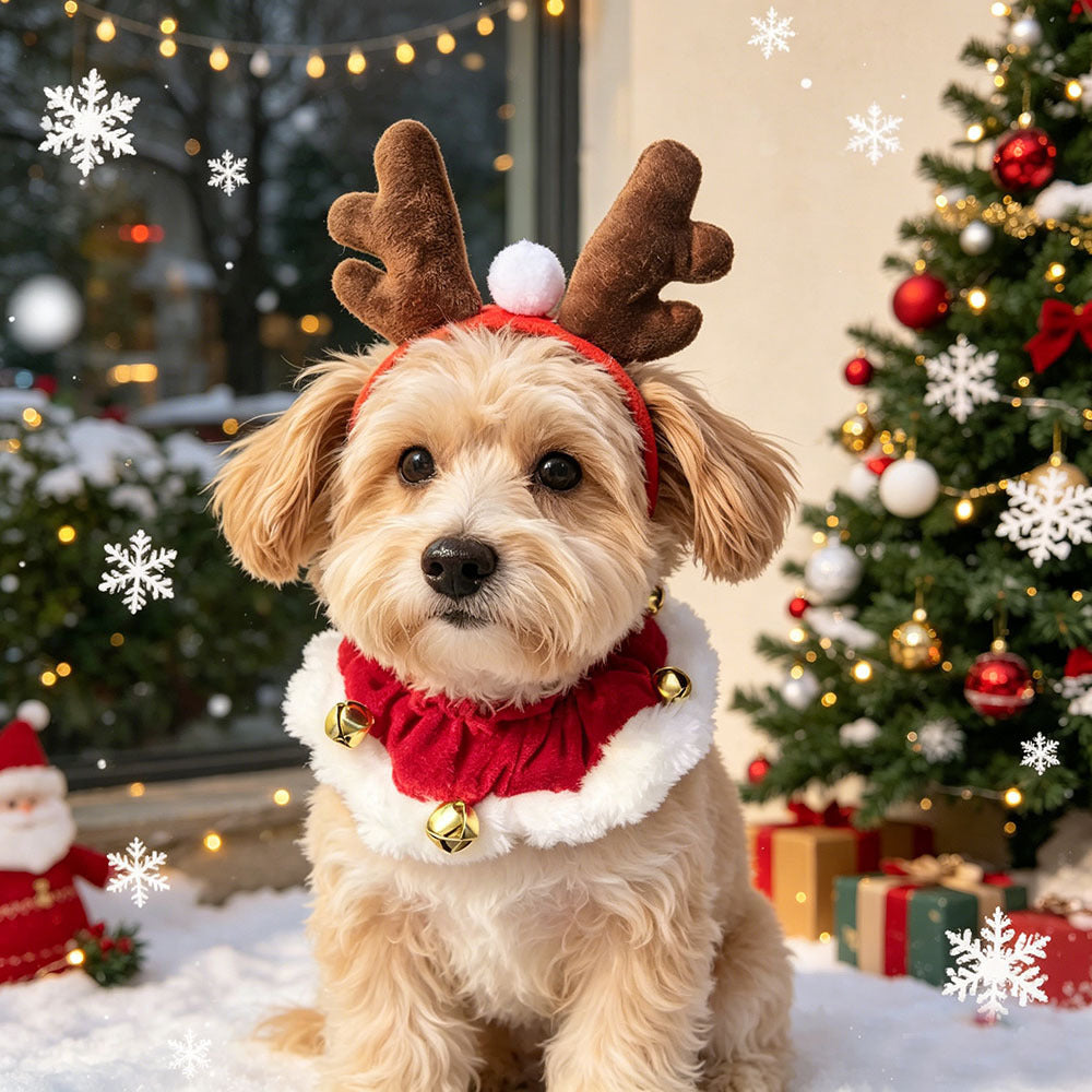 Christmas Reindeer Antler Headband with Bell Collar for Pets