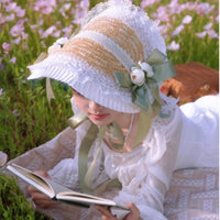 Bonnet Straw Hat with Ribbon Bow for Lolita Dresses and Light Apparel